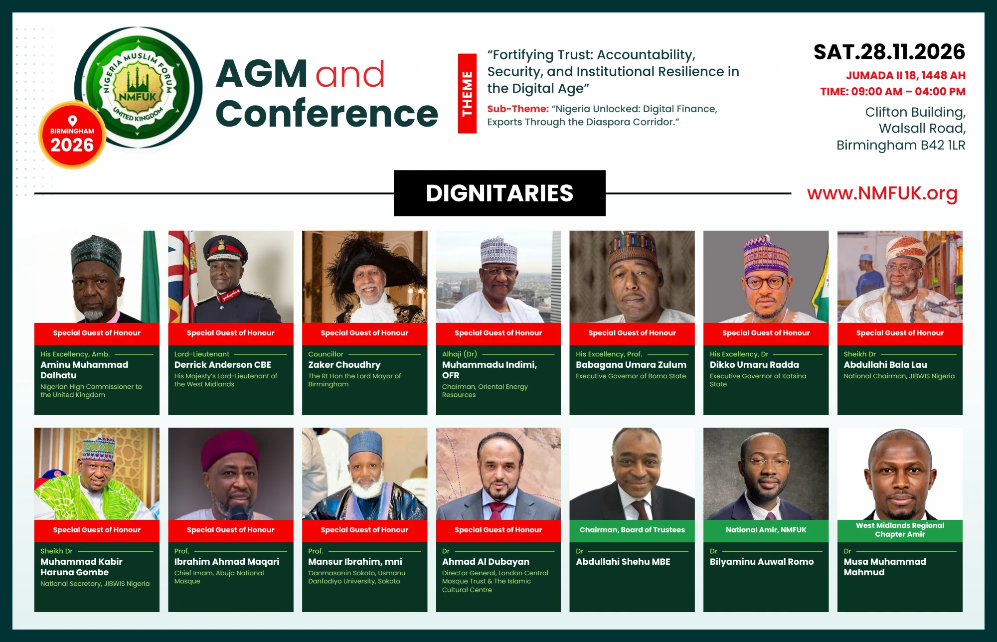 NMFUK AGM and Conference 2026 - Saturday 28 November 2026, 9am to 4pm, Clifton Building, Walsall Road, Birmingham B42 1LR. Theme: Fortifying Trust: Accountability, Security, and Institutional Resilience in the Digital Age.